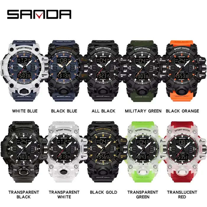 SANDA double affichage hommes montres étanche montre de sport militaire homme alarme chronomètre Quartz montre-bracelet mâle LED horloge numérique 6126