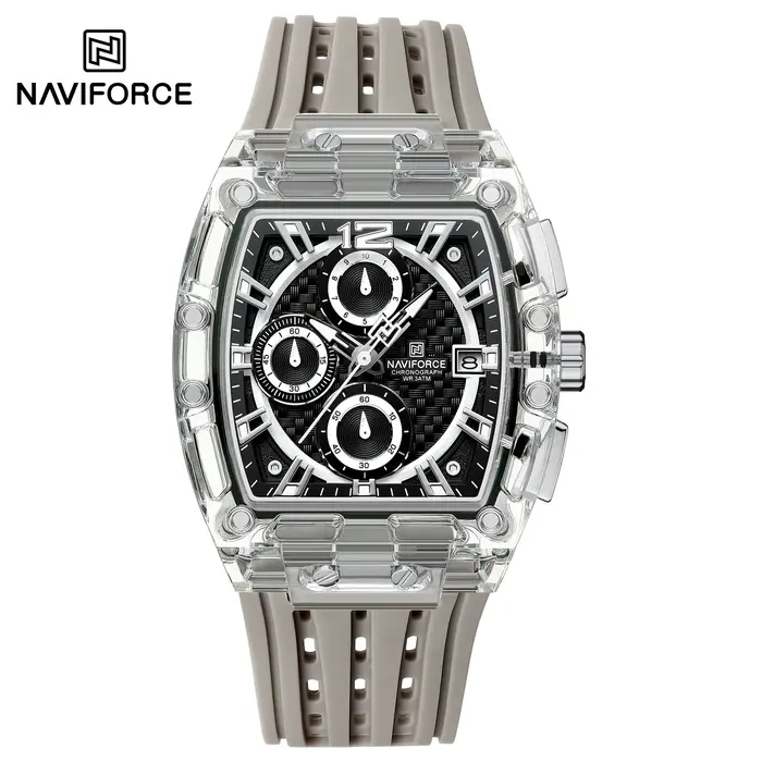 NAVIFORCE 2025 nouveau Design Transparent Tonneau montre hommes Quartz homme montres étanche luxe Sport porte