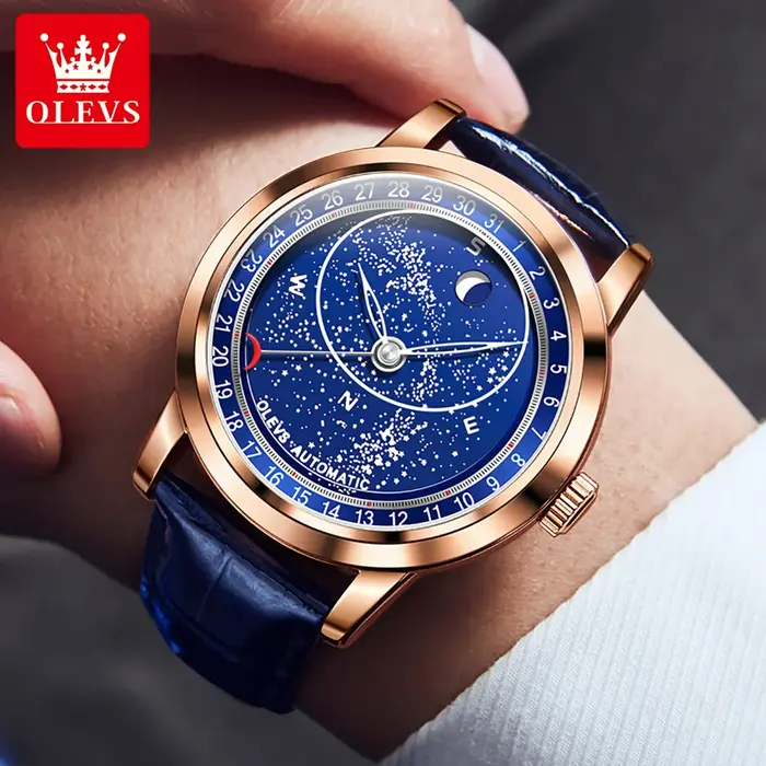 OLEVS 9923 montres pour hommes Phase de lune montre mécanique automatique pour homme en cuir bleu robe de luxe étanche montre-bracelet lumineuse