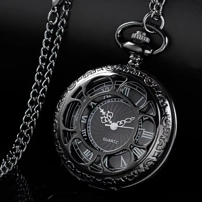 Montres de poche creuses noires pour femmes, unisexe, Vintage, squelette, Quartz, FOB, collier, pend