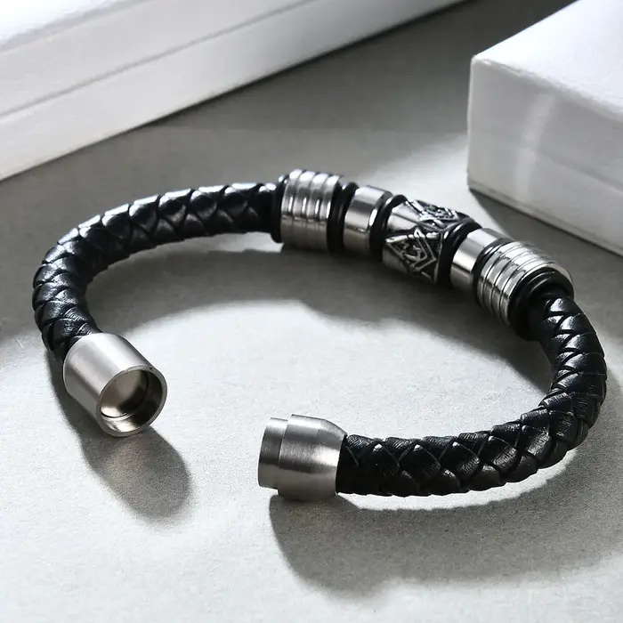 Bracelet en cuir véritable avec boucle magnétique pour homme
