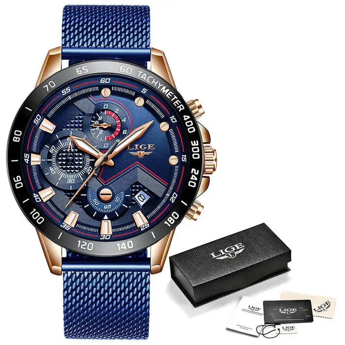 LIGE hommes montres Top marque de luxe mode montre-bracelet Quartz horloge bleu montre