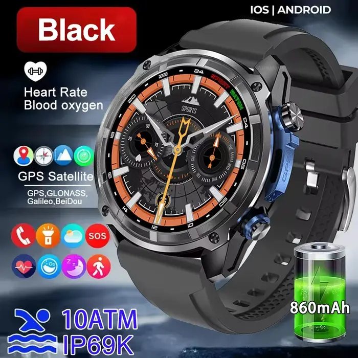 Montre connectée pour hommes, GPS précis, cartes hors ligne, boussole, mémoire de 4 go, batterie 860
