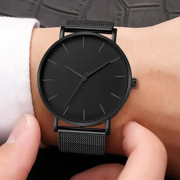 Montre à quartz ultra fine en acier inoxydable pour hommes, montre d'affaires simple, ceinture en maille, mode minimaliste, loisirs, 2023