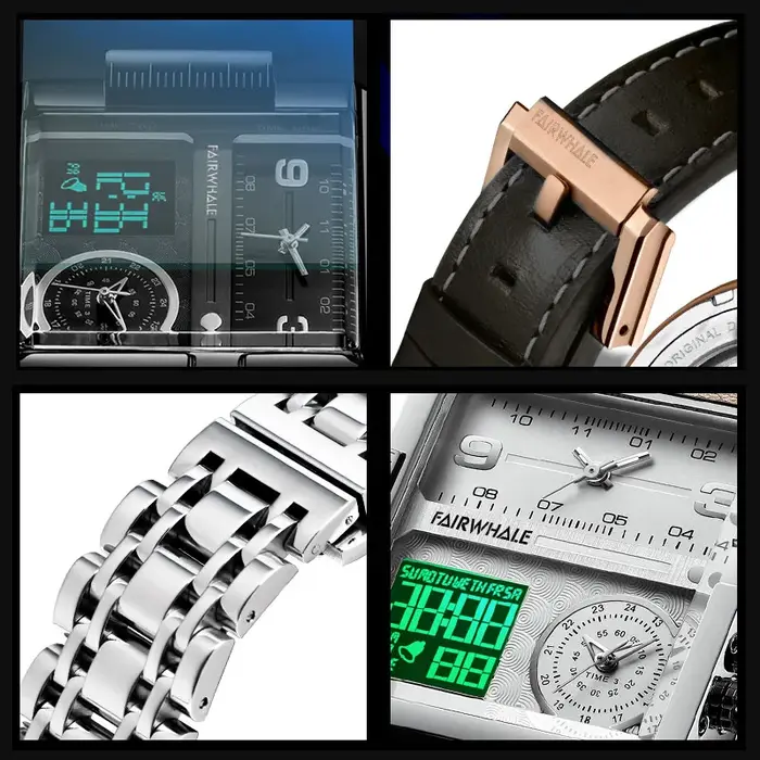 Mark Fairwhale montre électronique multifonctionnelle homme mode militaire bracelet en cuir carré Double affichage montre-bracelet à Quartz hommes