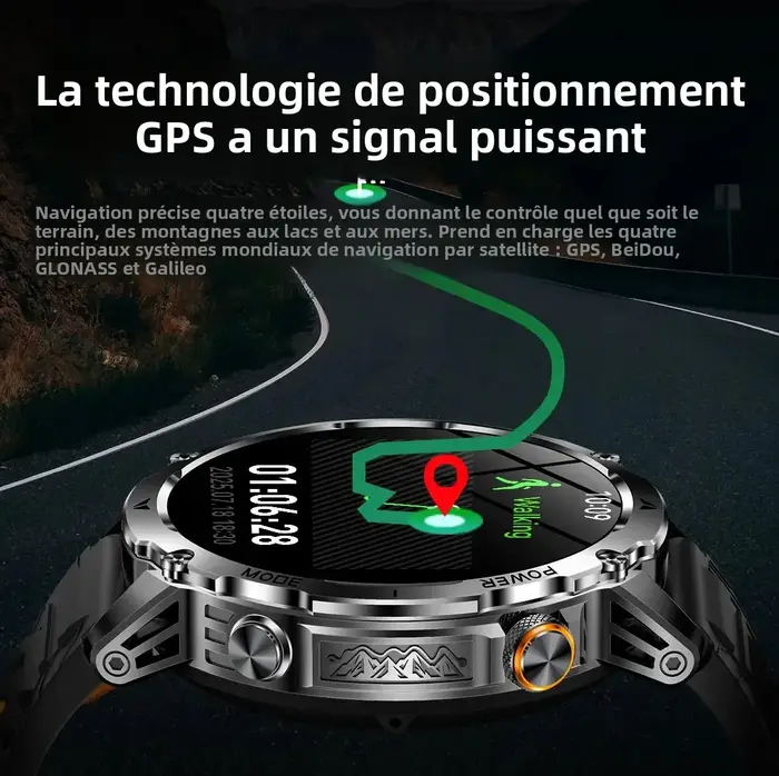 Montre connectée militaire GPS pour hommes, batterie de grande capacité 1100mAh, lampe de poche + boussole SOS, appel Bluetooth, montres de sport étanches 10ATM