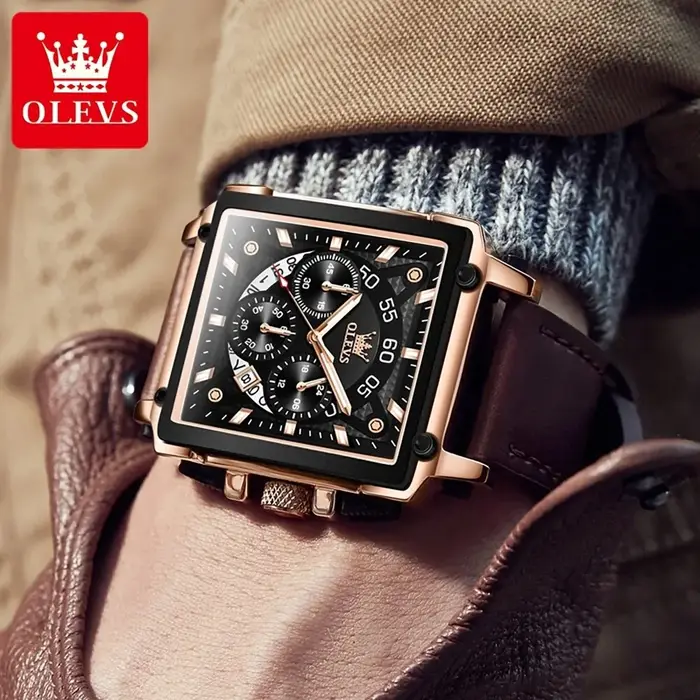 OLEVS 9919 hommes montre mode cadran carré bracelet en cuir chronographe étanche sport horloge de luxe Original Quartz montre-bracelet homme