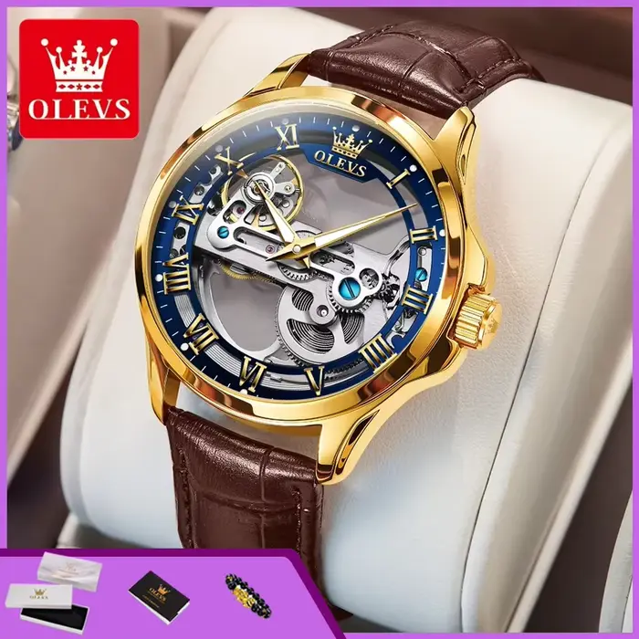 OLEVS 6661 entièrement Transparent squelette volant automatique mécanique montre pour hommes bracelet en cuir marque de luxe Original homme montre-bracelet