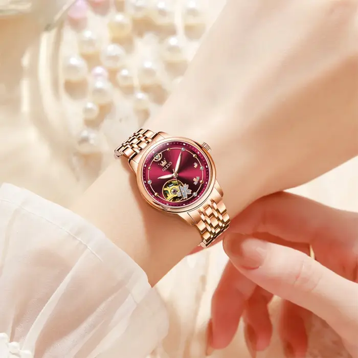 Or Rose vin rouge luxe décontracté dames montre-bracelet étanche automatique mécanique femme montre élégante mode femmes montres