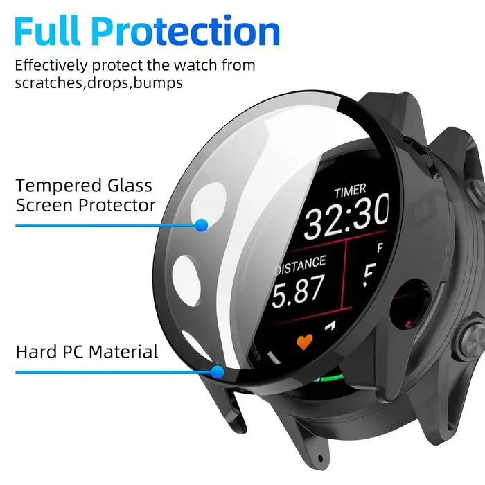 Boîtier PC + verre trempé HD pour Garmin Forerunner 70/170/570/970/965/265/165, coque de protection pour Garmin Active 6-5/Venu 3-4