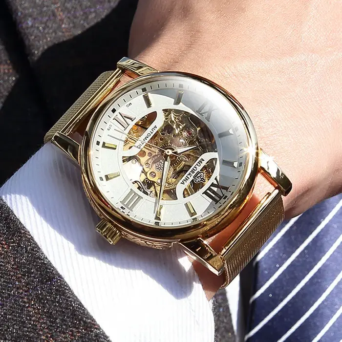 Montres mécaniques squelette dorées ORKINA pour hommes, marque de luxe, bracelet en cuir marron, Relogio Masculino Zegarek Meski