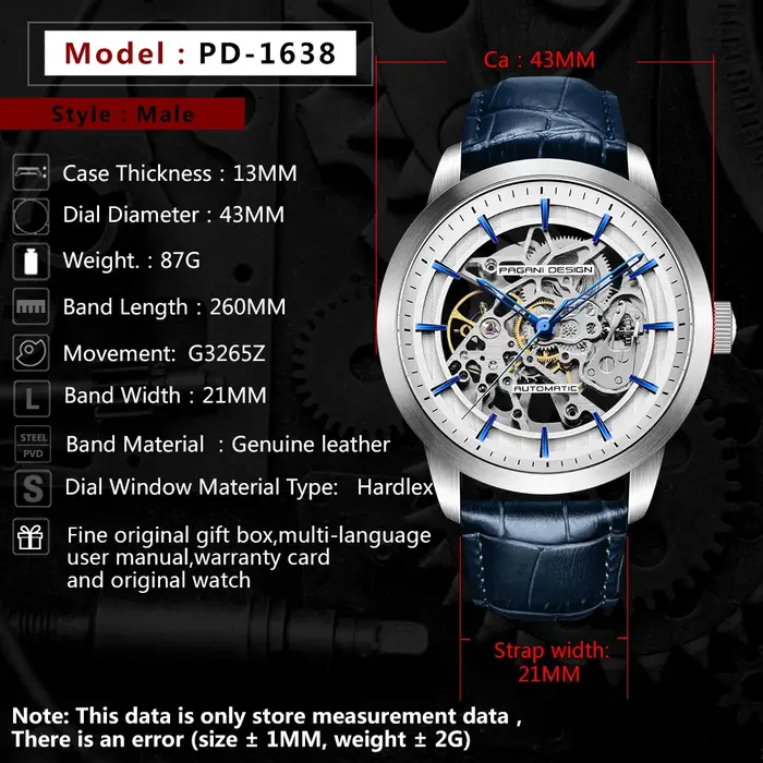PAGANI DESIGN homme d'affaires montre de luxe squelette creux en cuir montre-bracelet