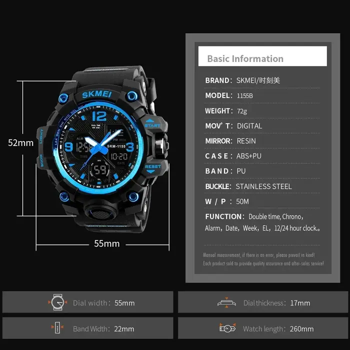 SKMEI 1155B montre de Sport 5Bar étanche double affichage montres Relogio Masculino