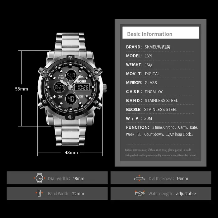 SKMEI 1389 Bracelet montre-Bracelet horloge montre à Quartz numérique hommes trois fois étanche