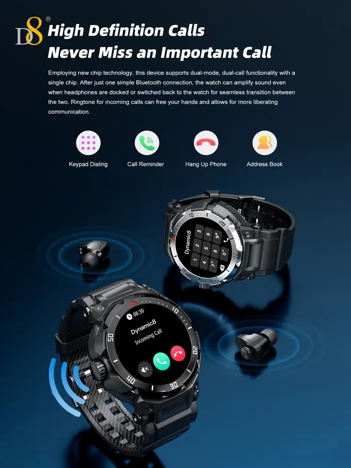 Montre connectée D8 avec écouteurs pour hommes et femmes, écran tactile HD de 1,46 pouces, effets sonores 9D, moniteur de fitness et de sommeil 110+, microphone d'enregistrement
