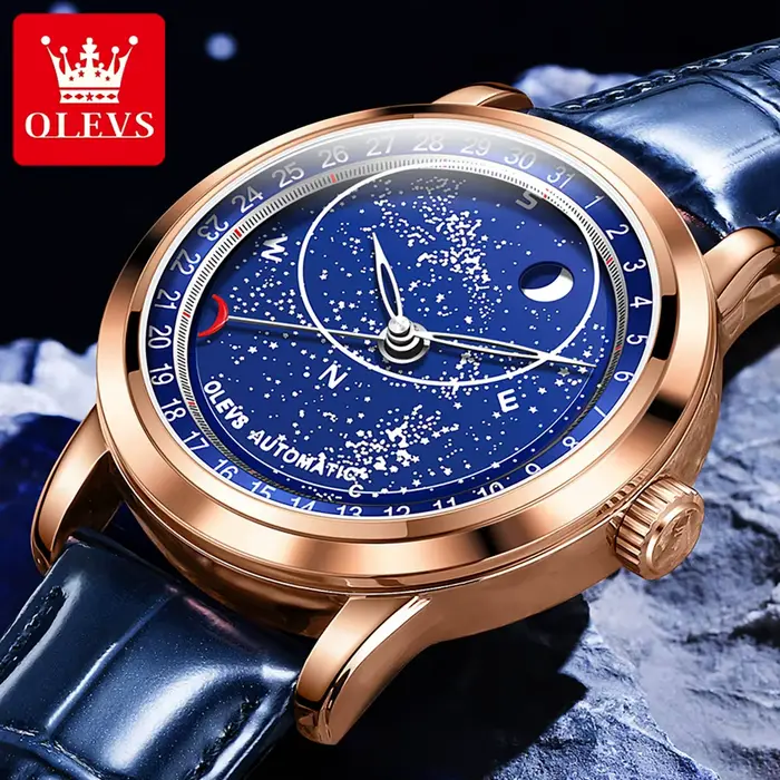 OLEVS 9923 montres mécaniques automatiques de Phase de lune pour homme bracelet en cuir de mode étanche ciel étoilé bleu