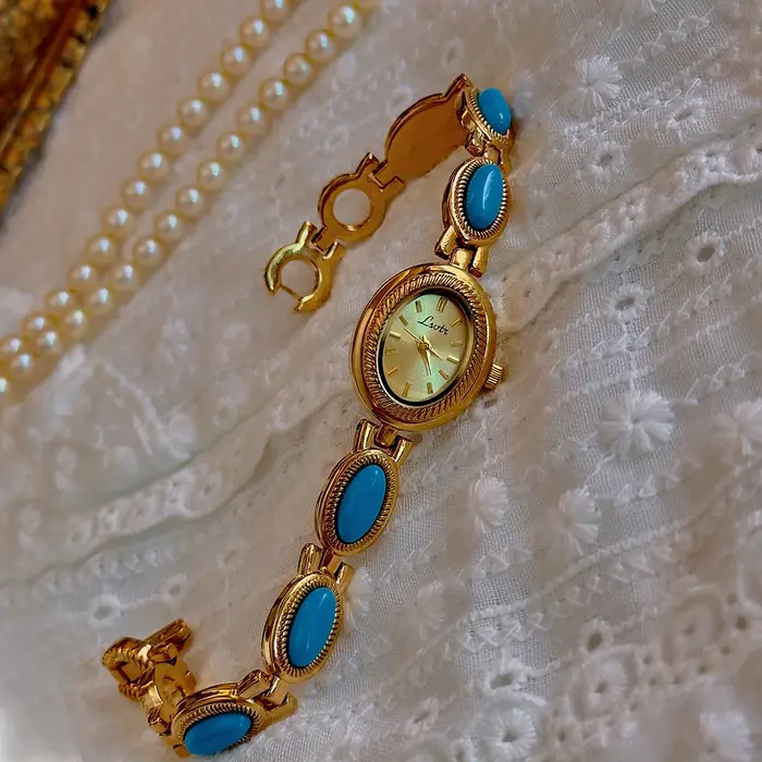 1 montre française élégante et tendance pour femme avec bracelet incrusté de pierres précieuses turquoise artificielles
