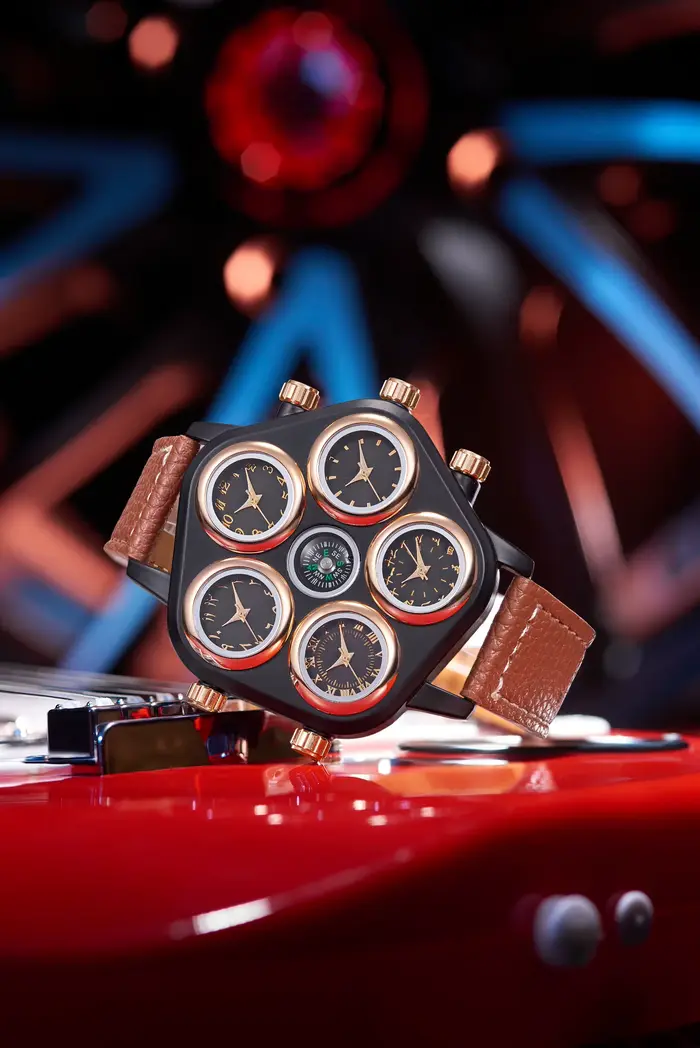 Montre à quartz pour homme à grand cadran personnalisé avec cinq cadrans et plusieurs fuseaux horaires