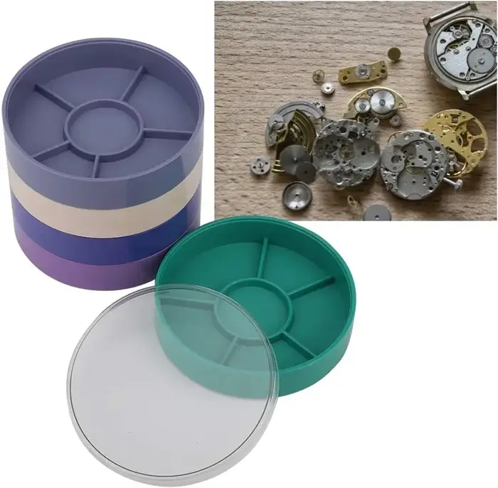 Boîte de rangement de pièces de montre, boîte de rangement d'outils de réparation de montre à 5 couches, boîte de pièces de couleur, outils de montre pour mouvement de composants à vis