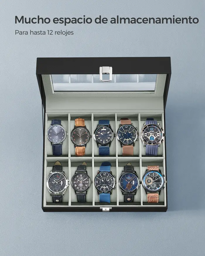 Boîte de présentation de montres à 10 compartiments avec couvercle en verre transparent