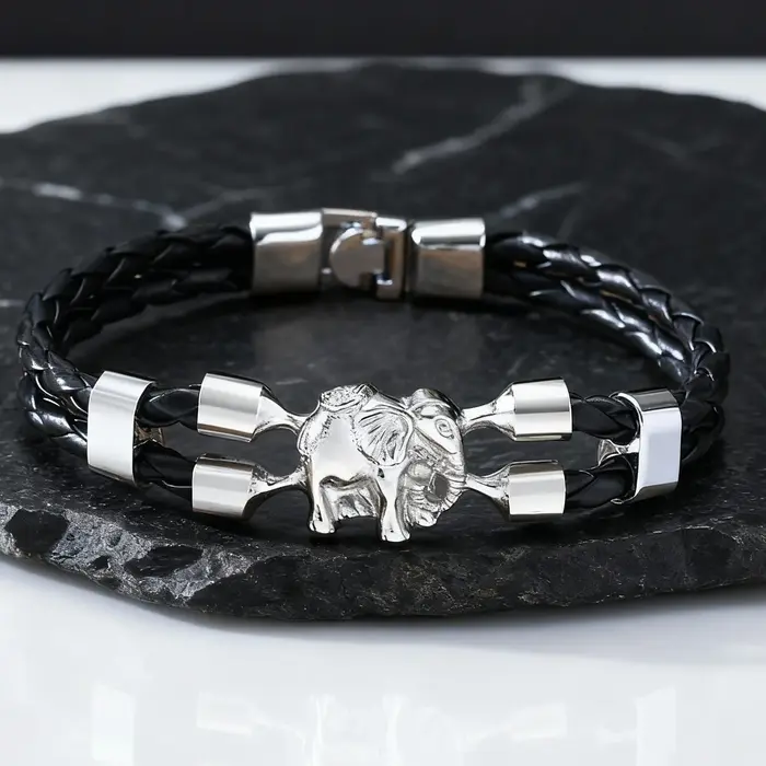 Bracelet en cuir noir d'éléphant Vintage pour hommes