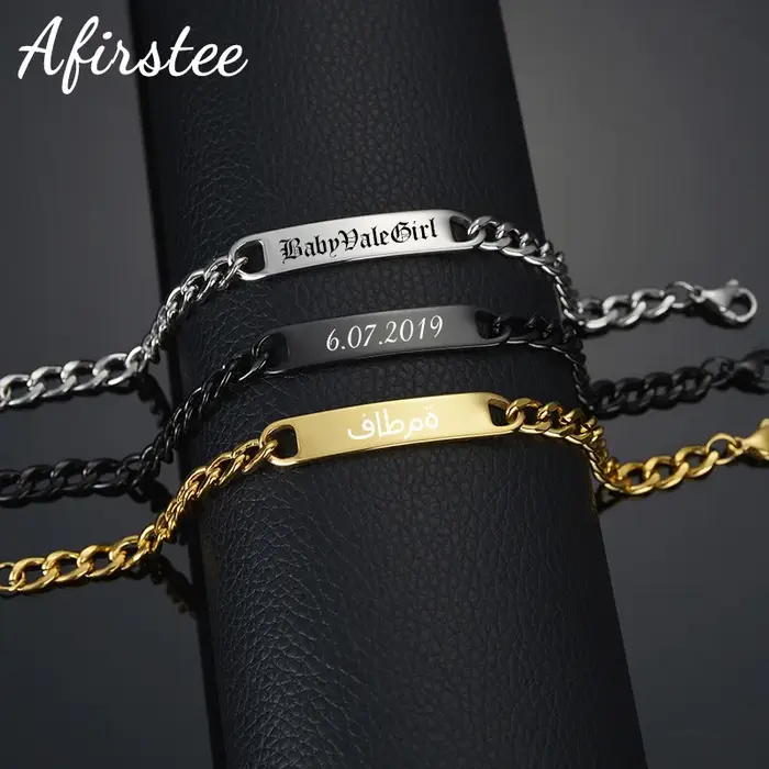 Bracelet personnalisé en acier inoxydable avec nom gravé, plaque signalétique personnalisée, Date, bijoux pour hommes et garçons, cadeau d'anniversaire