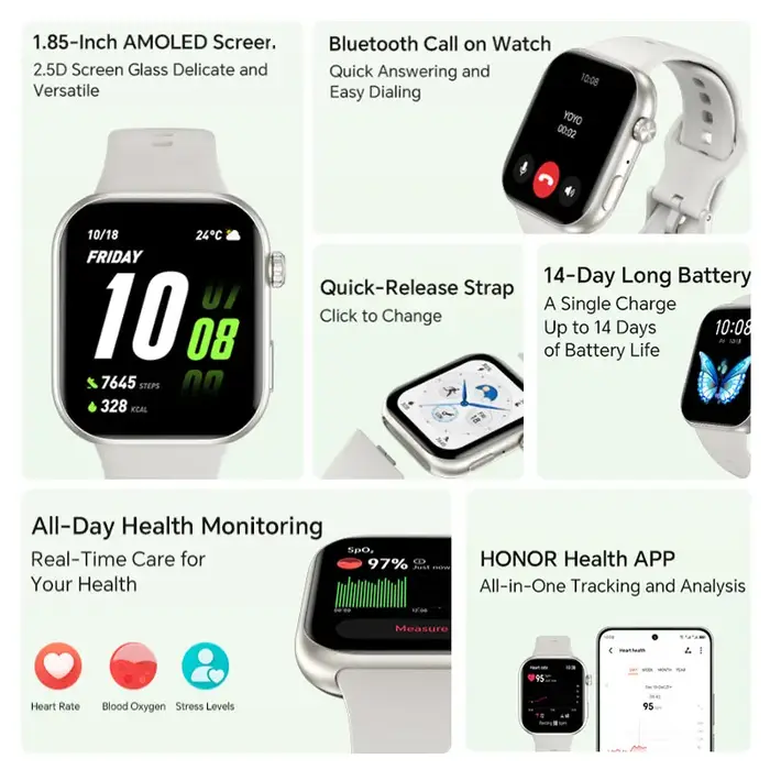 Montre connectée HONOR CHOICE InFoWear Watch 2i, version mondiale, écran AMOLED de 1,85 pouces, surv