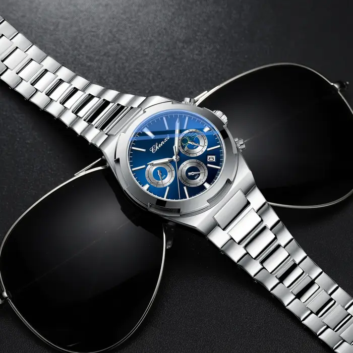 Montres pour hommes classique multifonctionnel chronographe montre de sport haut de gamme en acier inoxydable étanche lumineux montre-bracelet à Quartz