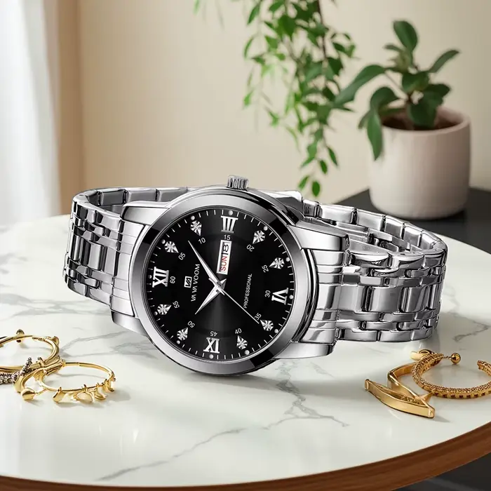 VA VA VOOM Top marque de luxe hommes montre semaine mouvement à Quartz horloge d'affaires noir en acier inoxydable 3Bar