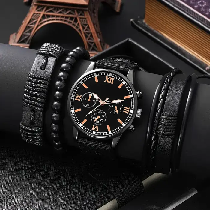 Ensemble de 4 pièces comprenant une montre pour homme et des accessoires, au style à la fois élégant et décontracté, avec un design tendance, ce qui en fait un cadeau idéal.