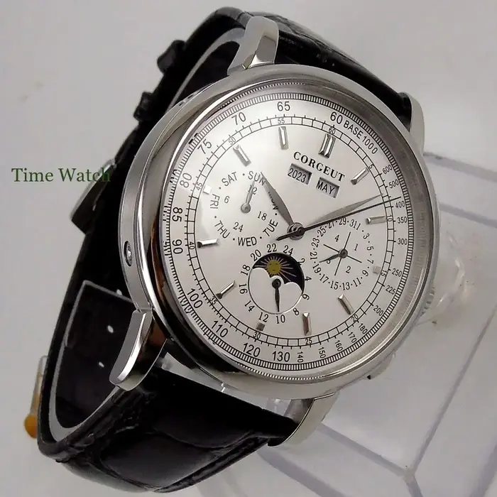 42mm Corgeut montre automatique pour hommes montres mécaniques jour Date mois année calendrier multi-fonction 316L jour-nuit bracelet en cuir