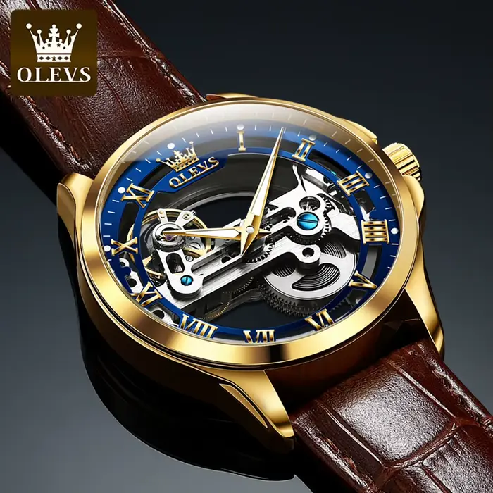 OLEVS 6661 entièrement Transparent squelette volant automatique mécanique montre pour hommes bracelet en cuir marque de luxe Original homme montre-bracelet
