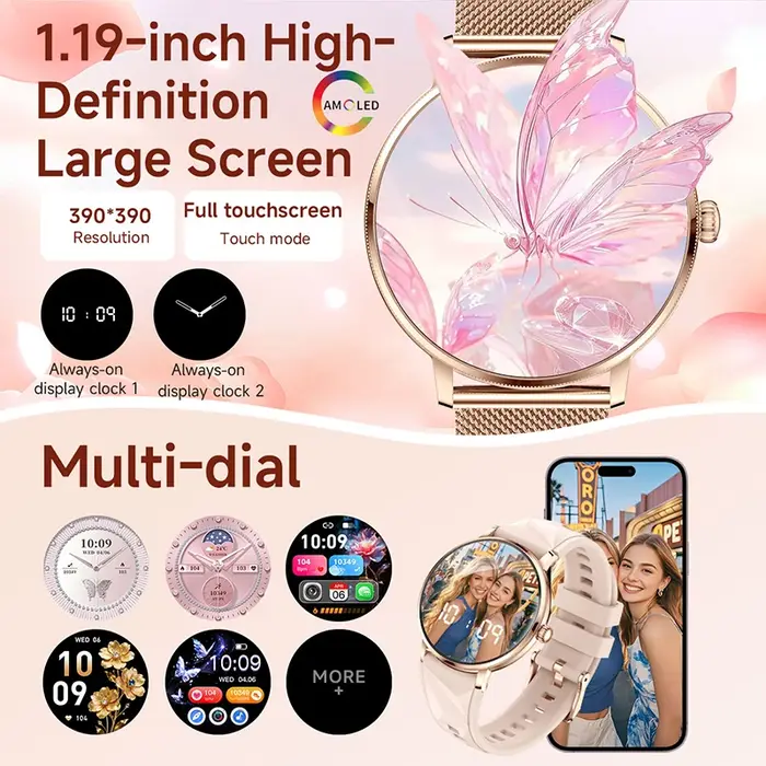 Montre connectée pour femmes 2026, écran AMOLED 1,19'', corps ultra-fin, plus de 120 modes sportifs, appels BT, suivi de la fréquence cardiaque et du sommeil, cadeau de Noël