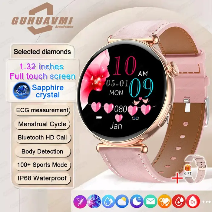 Femmes Smartwatch 1.32 pouces AMOLED écran appel ECG Sport montre pression artérielle Micro examen physique AI cadran
