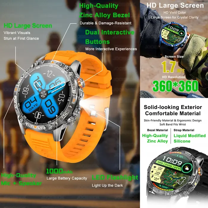 Montre connectée GPS pour homme avec batterie super capacité 1000 mAh, boussole, étanche 3 ATM, appels Bluetooth HD, écran 1,7 pouces, nouvelle version 2026