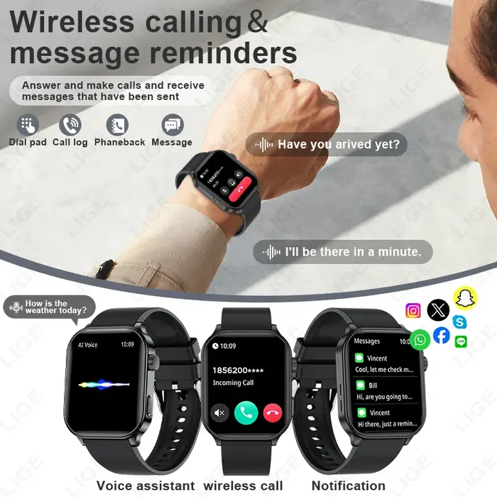 Montre connectée LIGE originale pour hommes et femmes, appels sans fil, assistant vocal, suivi de la santé et de la forme physique, étanche, modes multisports