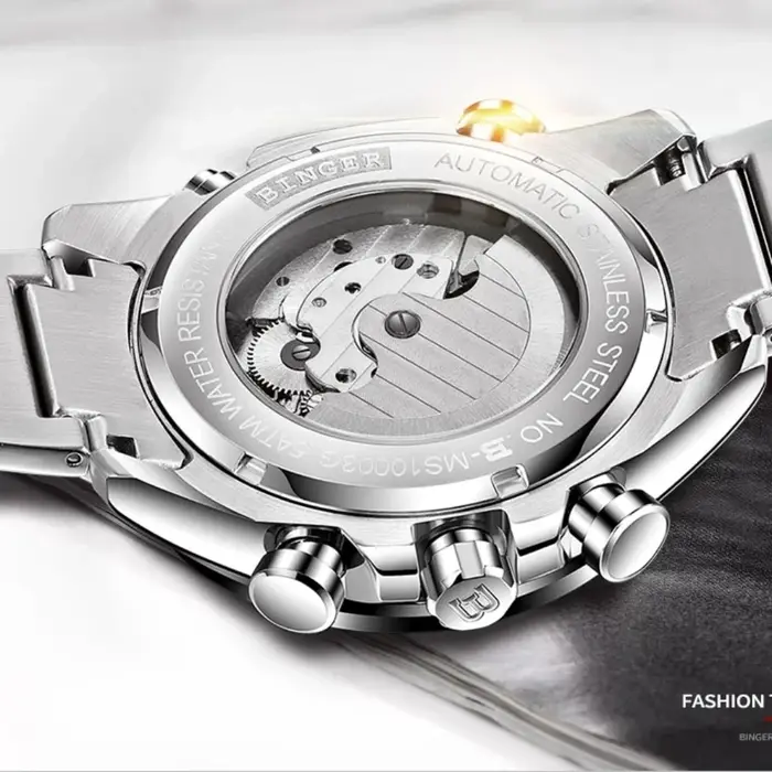 Véritable marque de luxe BINGER hommes montres automatique mécanique lumineux entièrement en acier étanche calendrier de course mâle Phase de lune