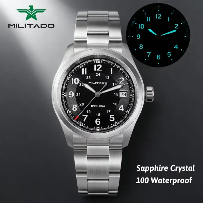 Militado ML08 montre à Quartz Vintage Ronda 515 mouvement Ar saphir miroir 38Mm montre-bracelet Date Super lumineux étanche montres