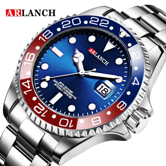 Montre d'affaires en acier inoxydable 40mm classique rouge bleu cercle série de plongée loupe calendrier montres à Quart