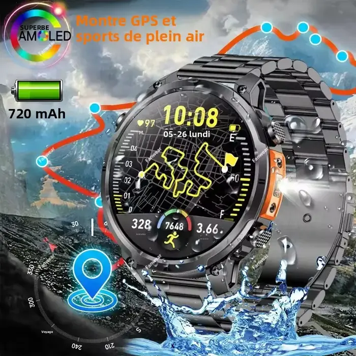 2026 GPS Smartwatch pour hommes 1.7 HD écran militaire montre intelligente IP68 étanche lampe de poche 100 Modes de Sport 720mAh grande batterie