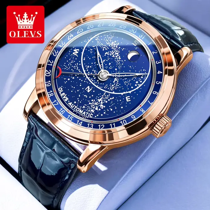 OLEVS 9923 montres mécaniques automatiques de Phase de lune pour homme bracelet en cuir de mode étanche ciel étoilé bleu