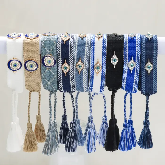 Bracelets tissés mauvais yeux avec breloques, bracelets empilables en tissu