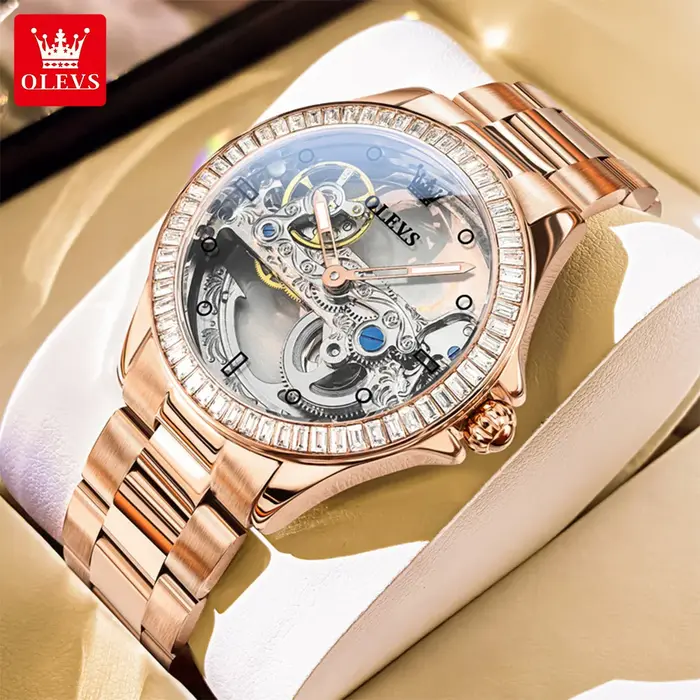 OLEVS 6699 entièrement creux femmes montre mécanique de luxe volant diamant lunette marque haut