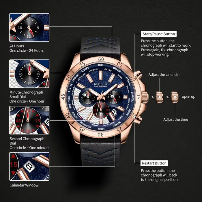 Montres-bracelets à quartz multifonctionnelles à grand cadran MEGIR pour hommes