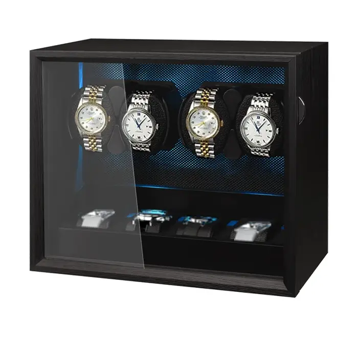 Embers Watch Winder 2 4 8 Boîte de rangement pour montres en bois noir avec moteur silencieux et rétroéclairage