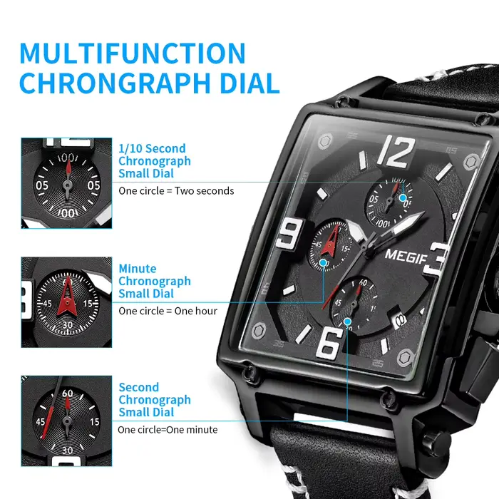 MEGIR Original mode carré montres à Quartz hommes sport militaire Montre-bracelet calendrier étanche chronographe mâle Montre Homme