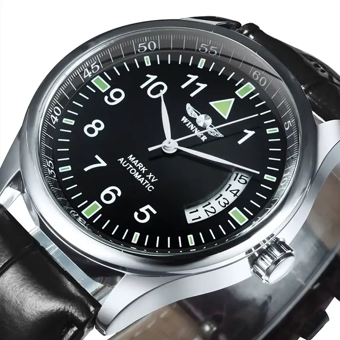 Montre automatique WINNER pour homme, fenêtre de calendrier, cadran noir tendance, bracelet en cuir