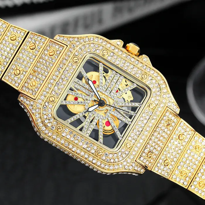 Montres carrées entièrement en diamant pour hommes, montre de luxe à la mode, squelette scintillant, Hip Hop, argent brillant, étanche, offre spéciale