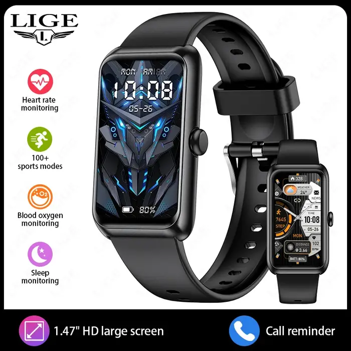 Montre connectée LIGE nouvelle génération 1,47 pouces avec moniteur de fréquence cardiaque, suivi du
