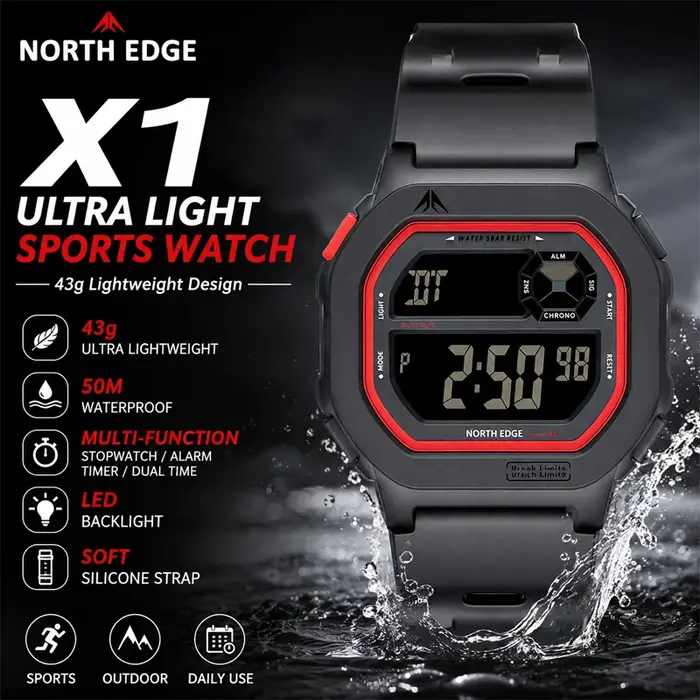 Montre numérique à écran carré NORTH EDGE X1 2026 pour hommes et femmes